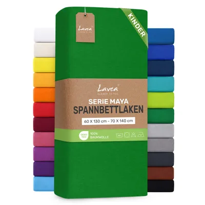 Produktbild von Lavea® Spannbettlaken Kinder 60x130cm - 70x140cm, Maya, 100% Baumwolle – Weiches, atmungsaktives Bettlaken für Matratzen bis 12cm - Waldgrün