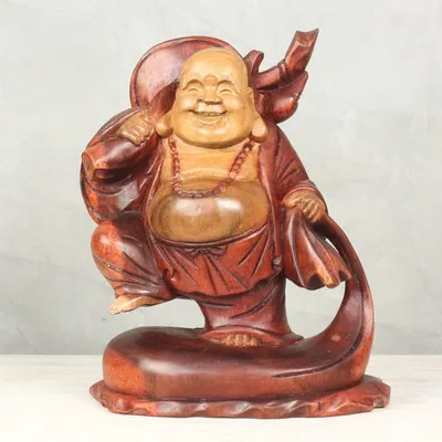 Produktbild von Figur Deko Buddha-Skuptur China Sitzend Handarbeit Budai Holz Braun Natur 21 cm