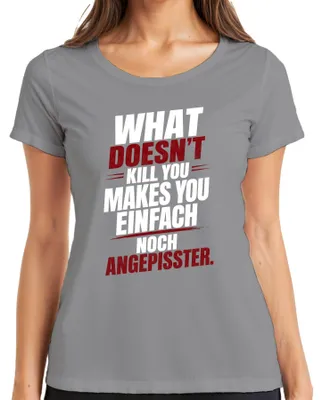 Productafbeelding van "Wat je niet doodt, maakt je sterker" - Statement T-shirt voor dames, grijs, maat L