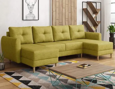 Produktbild von Easy4You Senf Ecksofa Manstad in U-Form 305x95x145 cm mit Schlaffunktion und Bettzeugbehälter - Schlafsofa mit Bettkasten und Holzfüße - Eckcouch mit Stauraum - Stoff: Soro 40