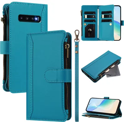 Image de Étui pour Samsung Galaxy S10 Plus, zippé, étui portefeuille en cuirPolyuréthaneavec poches pour cartes, support et dragonne Lake blue
