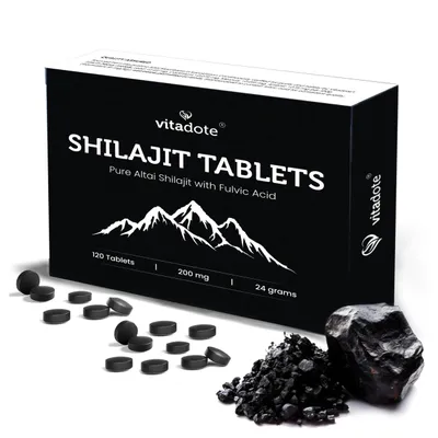 Obrázek produktu pro Vitadote® Reine Shilajit Tablety – 24 000 mg Altai Harz – Fulvinsäure – Vegan – Laboratorně testováno – Přírodní doplněk stravy