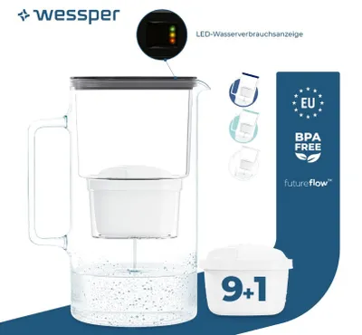Produktbild von Wessper D2 BOROSILICATE futureflow™ Wasserfilterkanne 3 L Schwarz – mit 10 AquaMax Filter