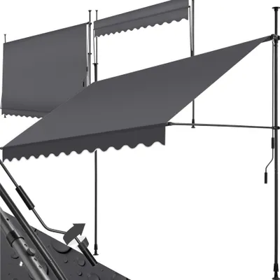 Three grey awnings are shown against a white background. The awnings are angled and appear to be made of fabric stretched over a metal frame.
