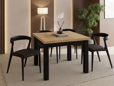 Produktbild von Quadratischer Esstisch Ausziehbar 90 bis 290 cm – Verlängerbar, für 4-14 Personen mit Schwarzen Holzbeinen – Tisch für Wohnzimmer & Esszimmer in Eiche Braun