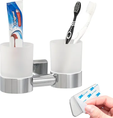 Immagine prodotto di bremermann serie bagno LUCENTE TAPE - Portabicchieri doppio senza foratura - con cuscinetto adesivo, in vetro e acciaio inox, cromato