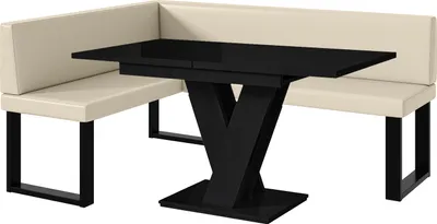 Produktbild von MEBLINI Eckbank für Esszimmer mit ausziehbarem Tisch  - Küchenbank - Essecke - Sitzecke Küche - TONI - U-Beine 128x168x87cm Links - Creme Kunstleder/M Schwarz Hochgl.