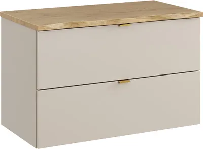 Produktbild von Badezimmer Waschtischunterschrank mit 80 cm Breite in kaschmir & Eiche mit Baumkantenoptik, 2 Schubladen - DURANGO-56