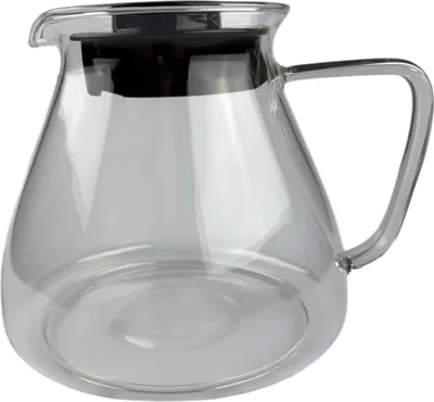 A clear glass pitcher with a silver lid and handle on a white background.