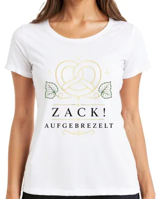 Immagine prodotto di Maglietta da donna, bianca, taglia 3XL, con stampa raffigurante: "Zack", "Aufgebrezelt", "Brezel", "Bayern", "Oktoberfest", "Tracht", "Lederhose", "Party"