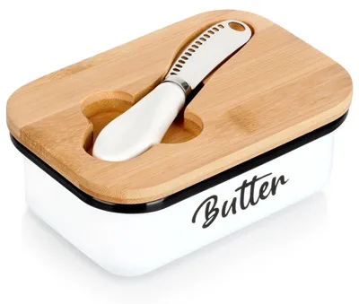 Produktbild von Weiße Butterdose aus Metall mit Bambusdeckel und Messer