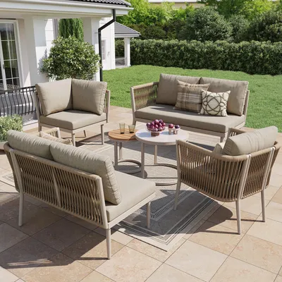 Produktbild von okwish Gartenmöbel-Set Outdoor-Garnitur mit Sofa&Tisch und Einzelsofa,Terrassenmöbel Sitzgruppe mit Sitzkissen und Sitzbank für 5-6 Personen,Beige