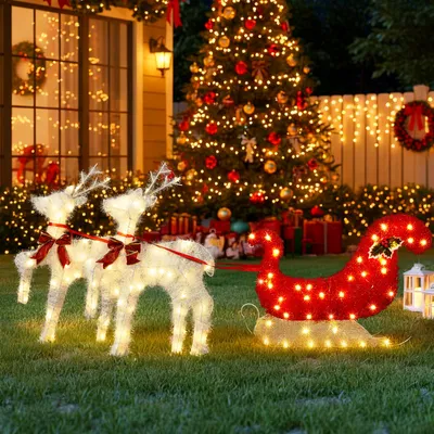 Produktbild von FCH 2-teiliges Weihnachtsbeleuchtung Rentier mit Schlitten & 135 warmweißen Lichtern, Weihnachten Deko für Außen und Innen