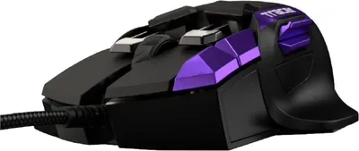 A black and purple gaming mouse with a braided USB cable is shown against a white background.