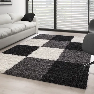 Produktbild von Teppich Wohnzimmer Hochflor Kariert Design Langflor Shaggy Modern Flauschig, Größe: 80 x 150 cm, Farbe: Schwarz