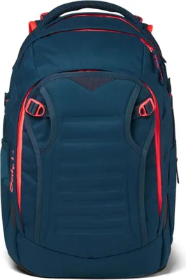 A blue and pink backpack is shown against a white background.
