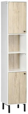 Obrázok produktu pre Vysoká skrinka do kúpeľne - úzka polička do kúpeľne - 6 priehradiek - 2 otvorené police - 2 dvierka - 31,5 x 30 x 169 cm - biela