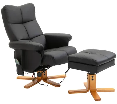 Image de Fauteuil massant avec 10 points de vibration, rotatif à 360°, comprenant un repose-pieds et un espace de rangement. Fauteuil relax en similicuir, noir. | 20,8 kg | 80x86x99 cm | Inclinable jusqu'à 145°