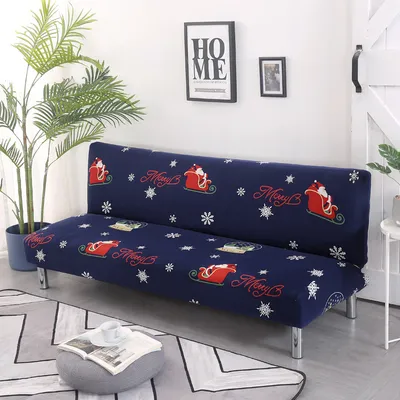 Obrázek produktu pro Elastický kryt bez područek na pohovku Bez područek na pohovku Stretch Futon Ochranný kryt 3-sedák Plně rozkládací pohovka Štít pro rozkládací pohovku bez područek ( Drak Blue-Christmas )