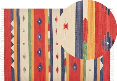 Zdjęcie produktu dla BELIANI Dywan kilim wielokolorowy bawełniany 140 x 200 cm ręcznie robiony wzór geometryczny z frędzlami