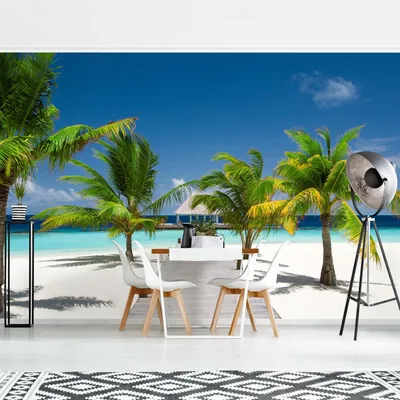 Produktbild von Fototapete Strand - Vliestapete - Bildtapete UV-beständig Palme blau Tropisch Wandtapete geruchsfrei