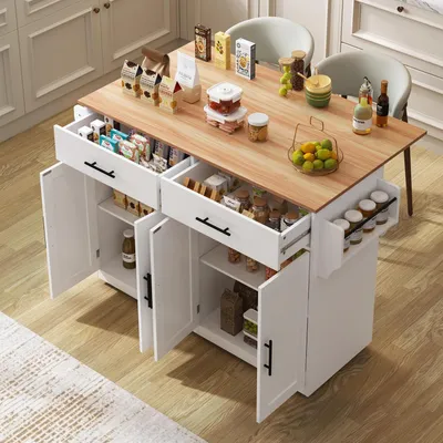 Immagine prodotto di Isola da cucina con piano estendibile, cassetti e ruote, colore bianco, dimensioni 136x71x91,5 cm