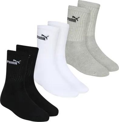 A set of three pairs of PUMA sports socks in black, white, and gray.