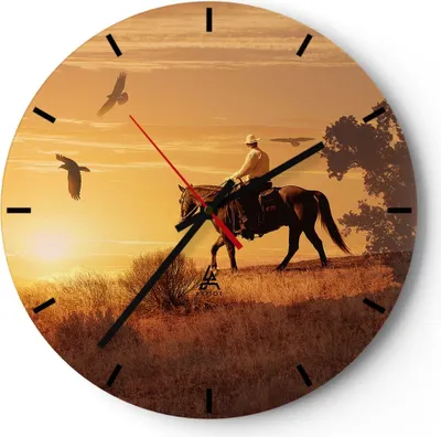 Produktbild von Wanduhr - Rund - Glasuhr - Pferd Cowboy Bauernhof Reiten - 40x40cm - Schleichendes Uhrwerk - Lautlos - zum Aufhängen bereit - Dekoration Modern - Wanddekoration aus Glas - C3AR40x40-2955