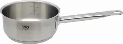 A stainless steel saucepan with a handle is shown against a white background.