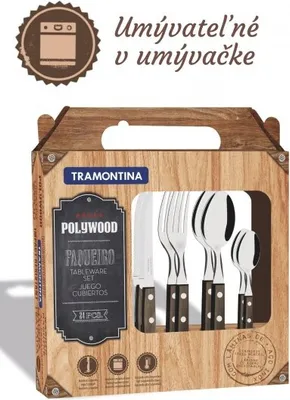 A product box for a cutlery set, showing the cutlery through a clear window.