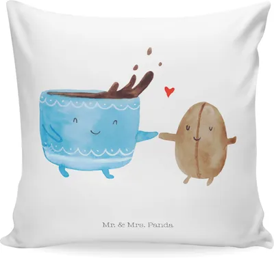 Produktbild von Mr. & Mrs. Panda Deko Kissen Kaffee Bohne - Weiß - Geschenk, Zufriedenheit, Genuss, Polster, Dekokissen, Couchkissen, Lustige Sprüche, 40x40, bedruckt, Glück, Kaffeebohne