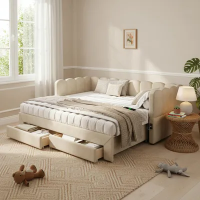 Image de Lit rembourré Merax, lit de jour 90 x 190 cm, extensible à 180 x 190 cm, lit de jour/canapé-lit avec tiroirs et ports USB et Type-C, lit pour adolescent en velours et bois, beige