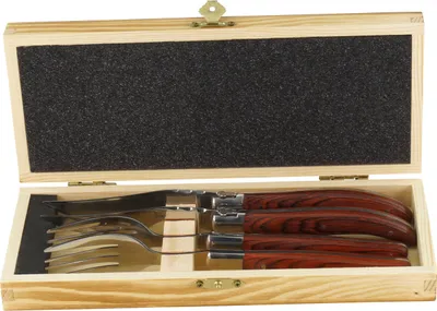 Produktbild von Solex BBQ Steakbesteckset mit Echtholzgriff aus Pakkaholz in einer Holzbox