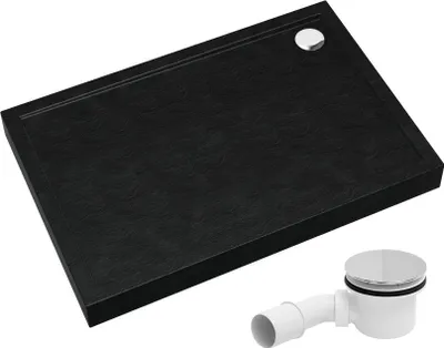 A black rectangular shower tray with a silver drain cover and a separate white and silver drain assembly.