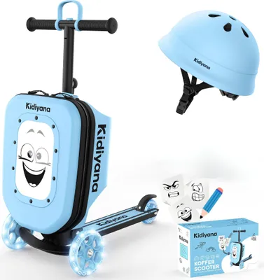 Produktbild von Kidiyana Kinder Scooter Blau + Kinderhelm XS Blau – 2-teiliges Set für Kinder ab 2 Jahren – Roller mit Schutzhelm – 48–54 cm