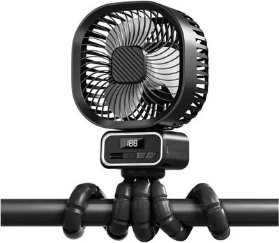 Obrázok produktu pre Elektrický ventilátor do kočíka, 5000 mAh, dobíjateľný, 3 rýchlosti, otočný o 270°, s funkciou tichého chodu, USB, s odnímateľným sedadlom a LED osvetlením, do kočíkov a kolísky, čierny