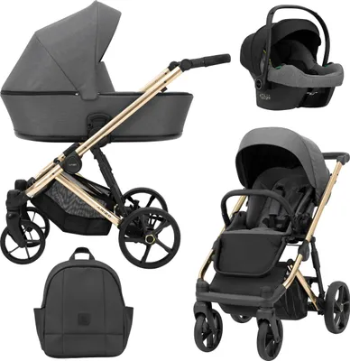Produktbild von Kinderwagen ARIZO Sportwagen Babywagen Babyschale Komplettset Kinder Wagen Autositz Set 3 in 1 (Graphite, Rahmenfarbe: Gold)