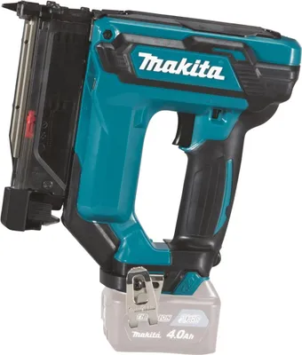 A cordless nail gun with a battery pack attached.