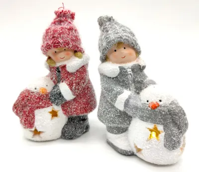 Produktbild von Winterkinder Mädchen und Junge mit LED Schneemännern 16cm Dekofigur Weihnachtsdeko