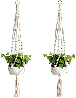 Produktbild von PolkaHome® Makramee Pflanzenampel – Set mit 2 Stück – Baumwollseil – 104 cm Länge – für Innen und Außen