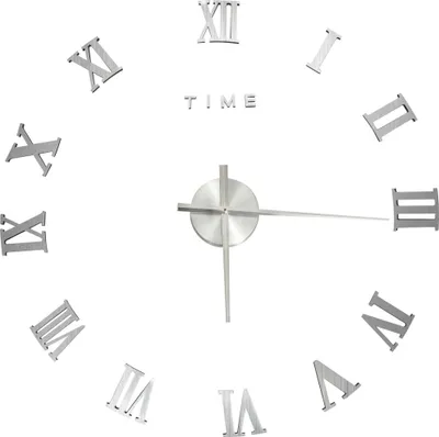 A 3D wall clock with Roman numerals and the word 'TIME' is shown against a white background.