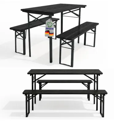 Produktbild von Bierzeltgarnitur WIESN klein 3-teilig klappbar | 1x Tisch & 2x Bierbank | HxBxT 78x116x55cm | Schwarz | lackiertes Holz | Festzeltgarnitur kurz Gartenmöbel-Set Kinder Sitzgarnitur Innen & Außenbereich, KI-generiertes Bild