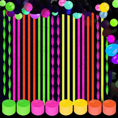Productafbeelding van 8 rollen neon feestdecoraties - 199,95 meter krepppapier streamers - UV Reactieve - Blacklight - Glow - 80's