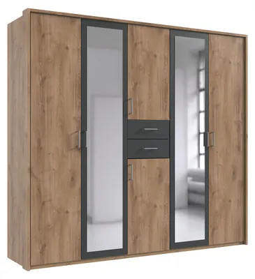 Produktbild von Drehtürenschrank Kleiderschrank 228 cm Passepartout Schubkästen Spiegel Eiche Nachbildung und Grafit / 22600