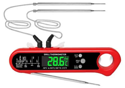 Obrázek produktu pro Digitální teploměr na maso se dvěma sondami, rychlým měřením za 2-3 s, magnetem, alarmem a otvírákem na lahve, pro použití v troubě, na grilu a venku