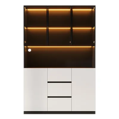 Produktbild von Flieks LED-beleuchtete Glasvitrine mit drei Schubladen und zwei Türen, Hochschrank 120x40x200cm, Küchenhochschrank, Schwarz