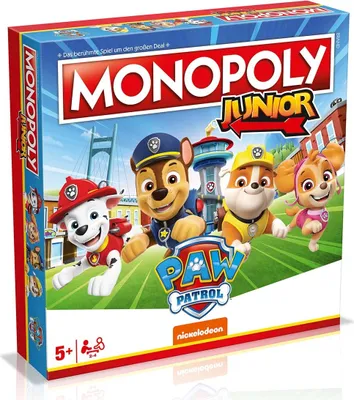 The image shows the front of a Monopoly Junior board game box featuring characters from Paw Patrol.