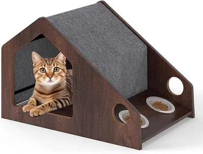 Produktbild von GOPLUS Katzenhaus Holz, Katzenschrank mit Futterstation, Katzenhütte aus Holz mit 2 Näpfen, abnehmbarem Dach, Metallgestell, Katzenbett für Haustiere