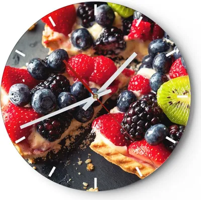 Produktbild von Wanduhr - Rund - Glasuhr - Kuchen Dessert Obst Erdbeere - 40x40cm - Schleichendes Uhrwerk - Lautlos - zum Aufhängen bereit - Dekoration Modern - Wanddekoration aus Glas - C3AR40x40-2871