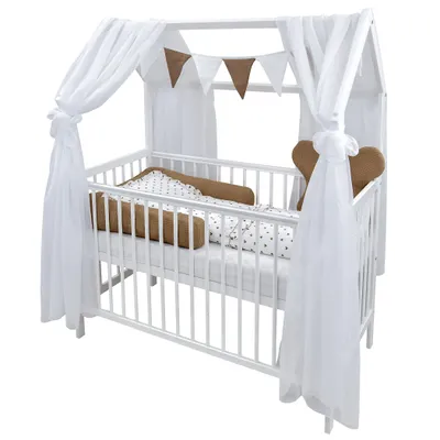 Produktbild von Baby-Delux Hausbett Kinderbett Gitterbett weiß 60x120 Beißschienen Matratze Bett Set Waffelpique Herzchen
